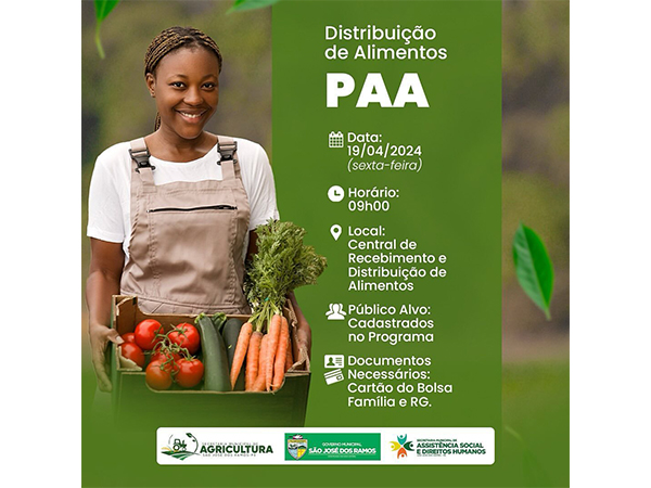Entregas de alimentos do PAA (Programa de Aquisição de Alimentos), para as famílias que estão cadastradas.