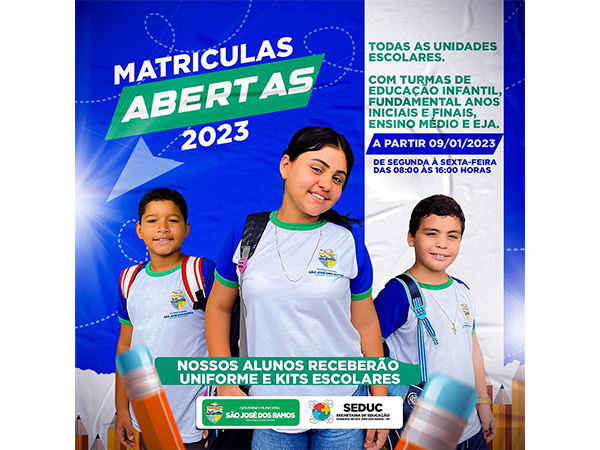 As matrículas da rede municipal de ensino de São José dos Ramos darão início no dia 09 de janeiro de 2023.